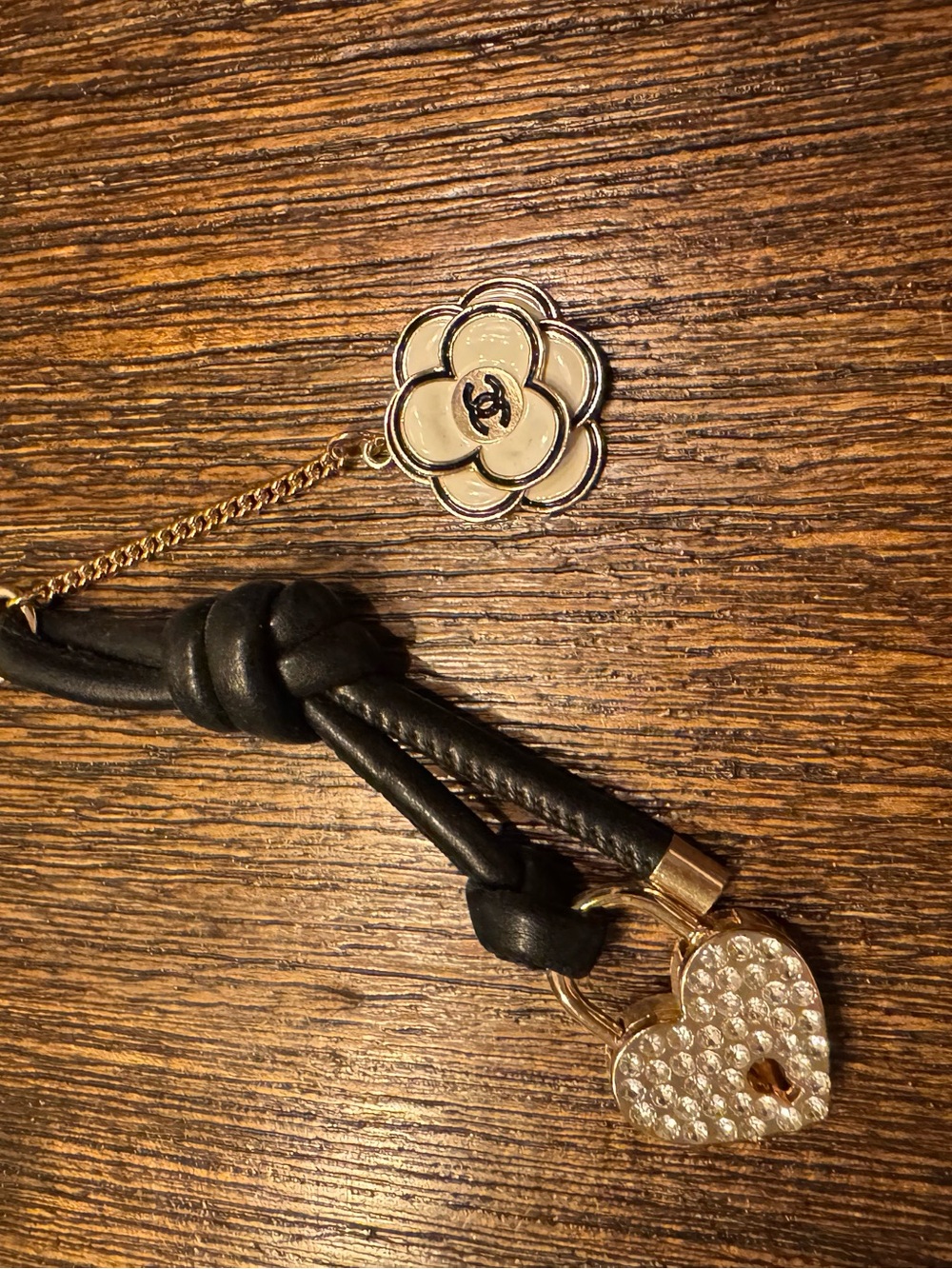 Black Leather Camellia & Crystal Heart Charm Keychain